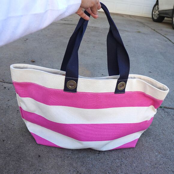 Tommy Hilfiger Canvas Striped Tote Bag Pink White Navy Blue Large Beach Summer - Picture 11 of 11